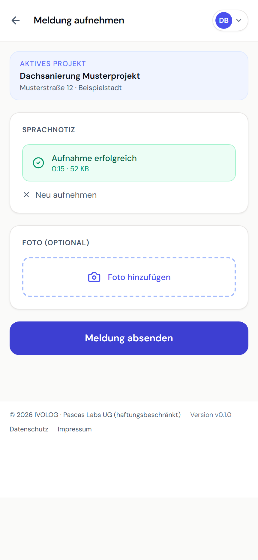 IVOLOG Baustellen-App mit aufgenommener Sprachnotiz und sendebereiter Demo-Meldung